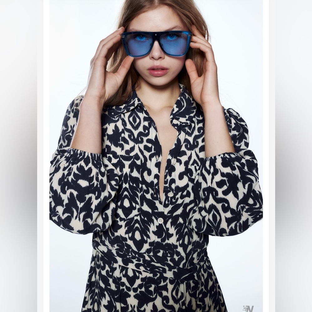 ZARA Scroll Printed Navy and Cream 3/4 SLV Half Button Up Midi Shirtdress SZ M